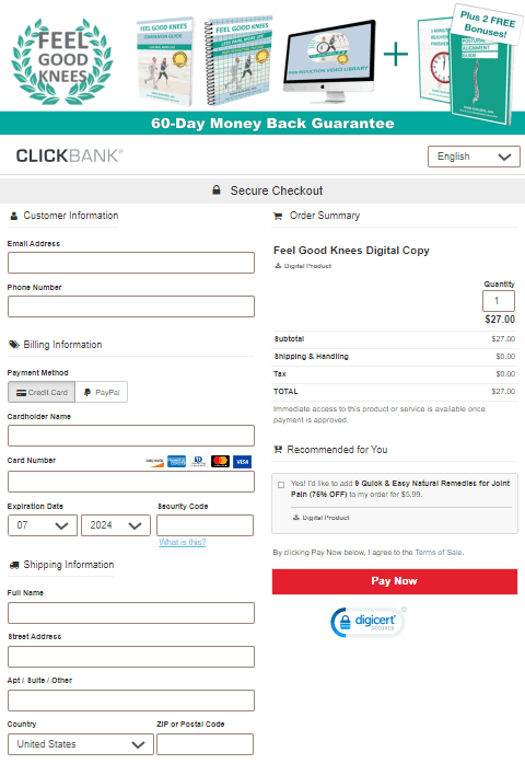 Feel Good Knees Checkout Page